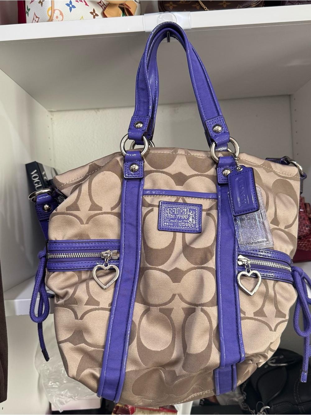 Coach Tan Signature Tote with Purple Trim and Hearts